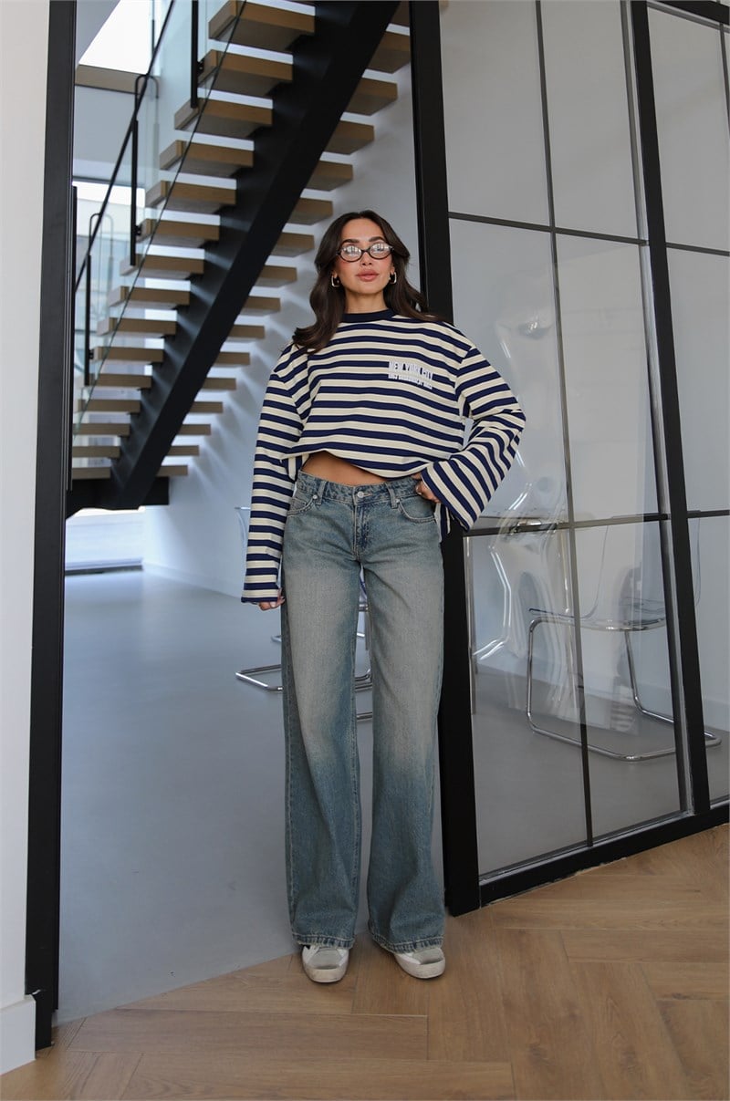 Mavi Düşük Bel Wide Leg Jean