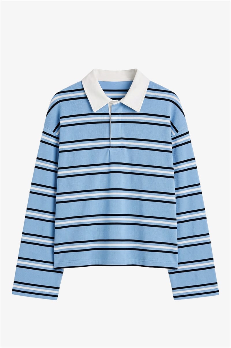 Mavi Gömlek Yakalı Çizgili İnce Sweatshirt