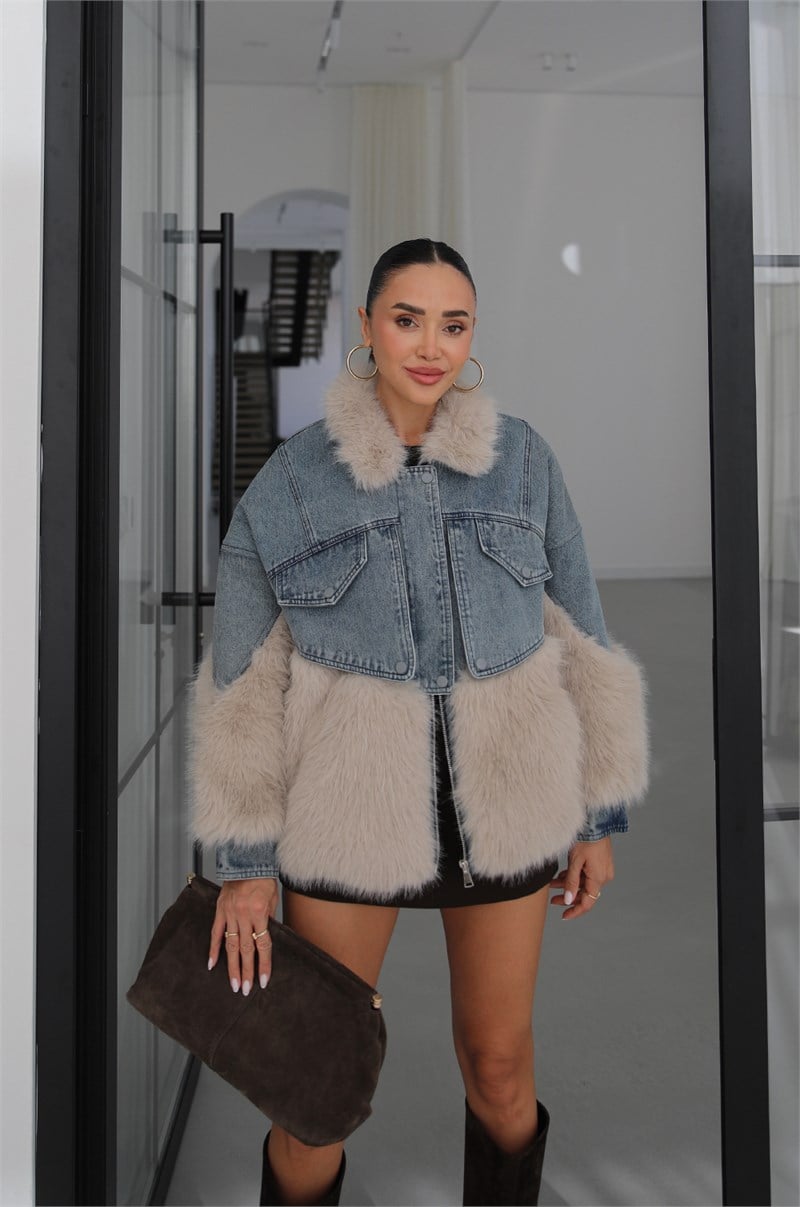 Mavi Peluş Kürk Garnili Denim Mont