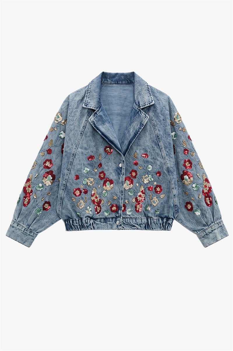Mavi Pullu Çiçek İşlemeli Denim Ceket