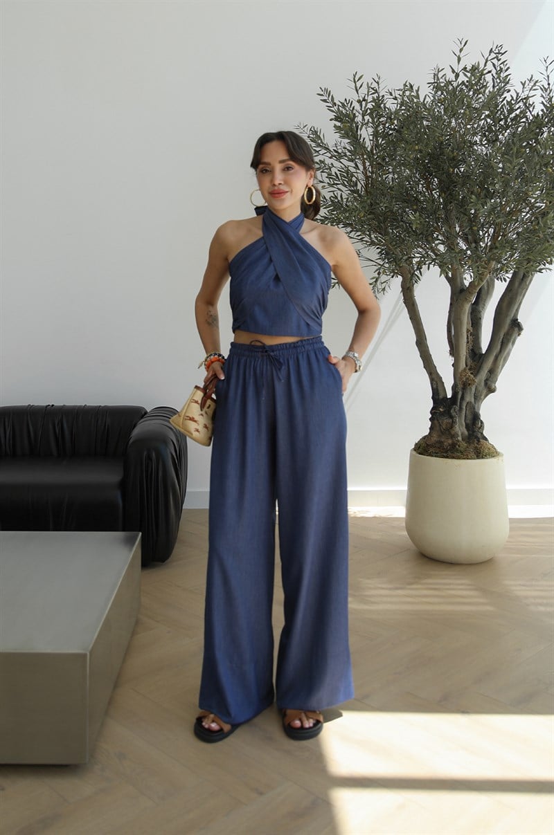 Mavi Sims Boyundan Bağlamalı Denim Takım