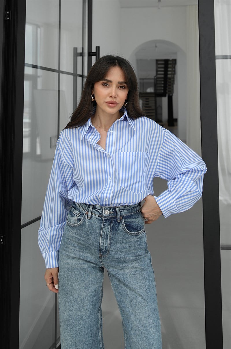 Mavi Tek Cepli Çizgili Gömlek