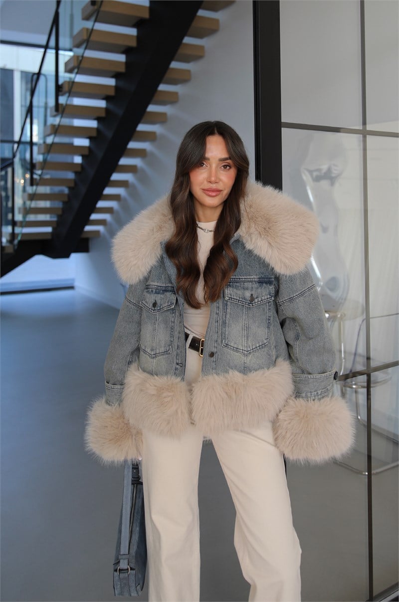 Mavi Vintage Kürk Detaylı Denim Mont