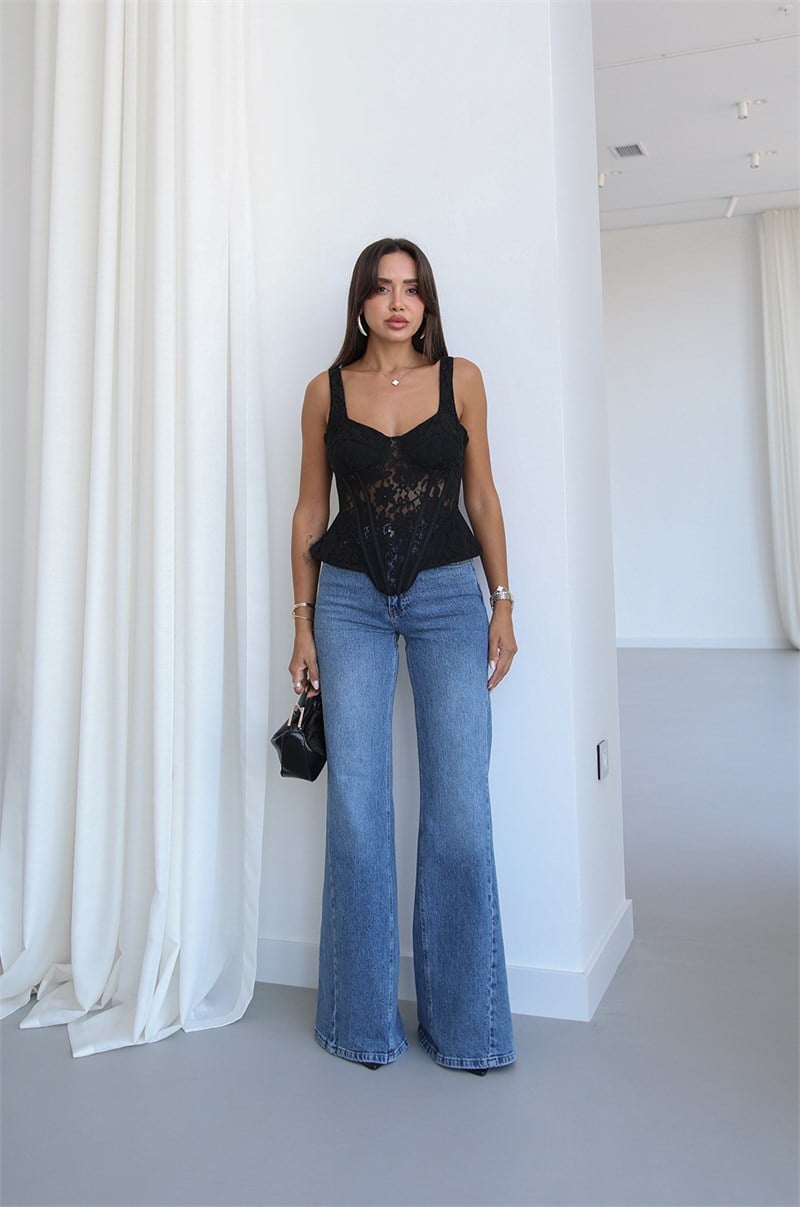 Mavi Yanı Dikiş Detaylı Wide Leg jean