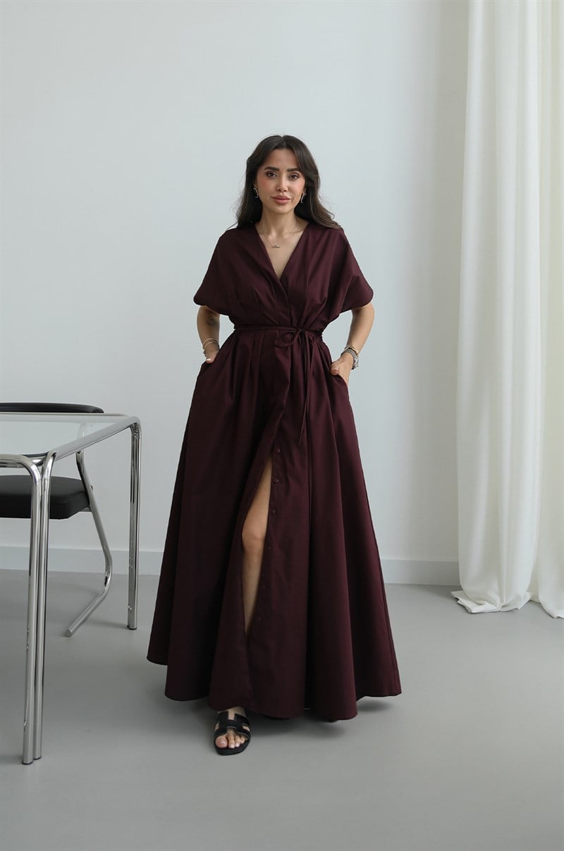 Mürdüm Belden Bağlamalı V Yaka Elbise