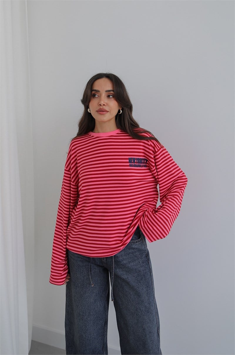 Pembe 1963 New York City Baskılı Çizgili Sweatshirt