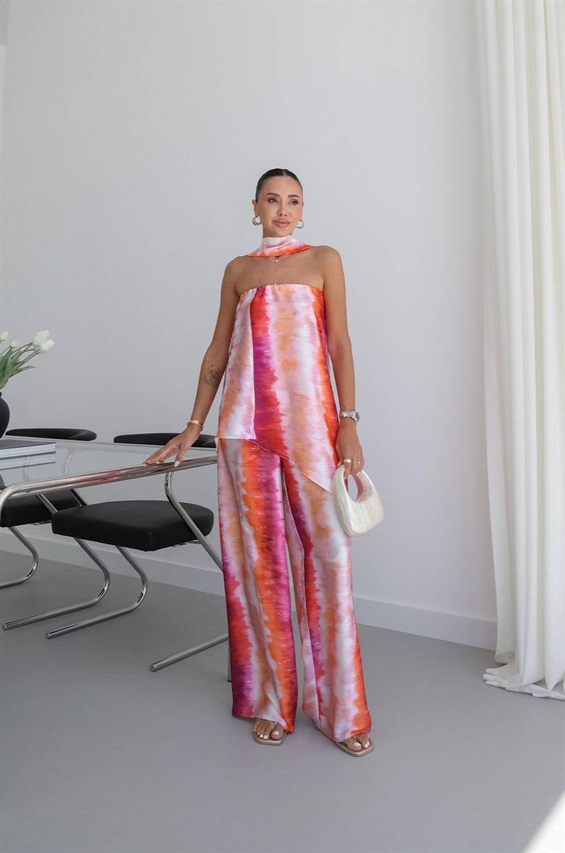 Pembe Batik Desen Straplez Bluz Pantolon Takım