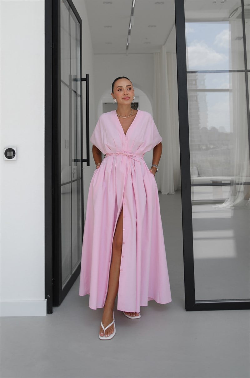 Pembe Belden Bağlamalı V Yaka Elbise