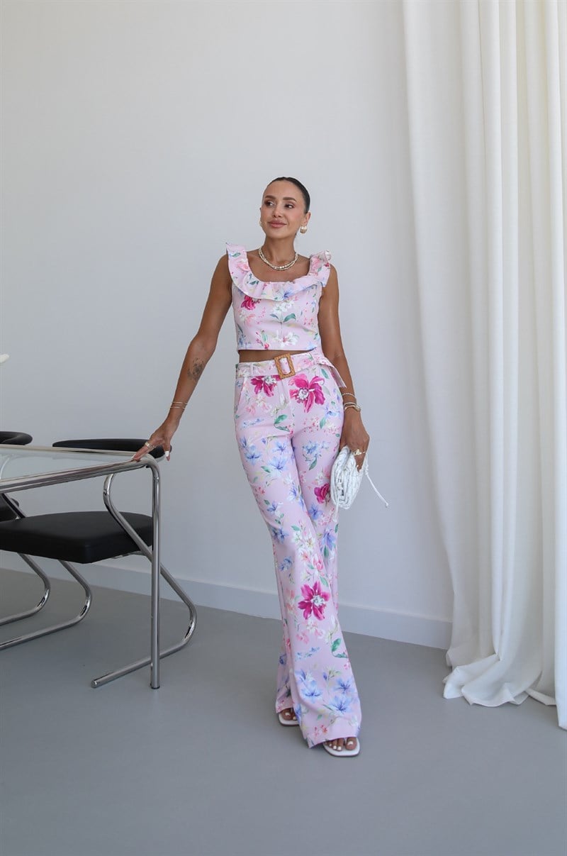 Pembe Caren Çiçekli Bluz Pantolon Takım