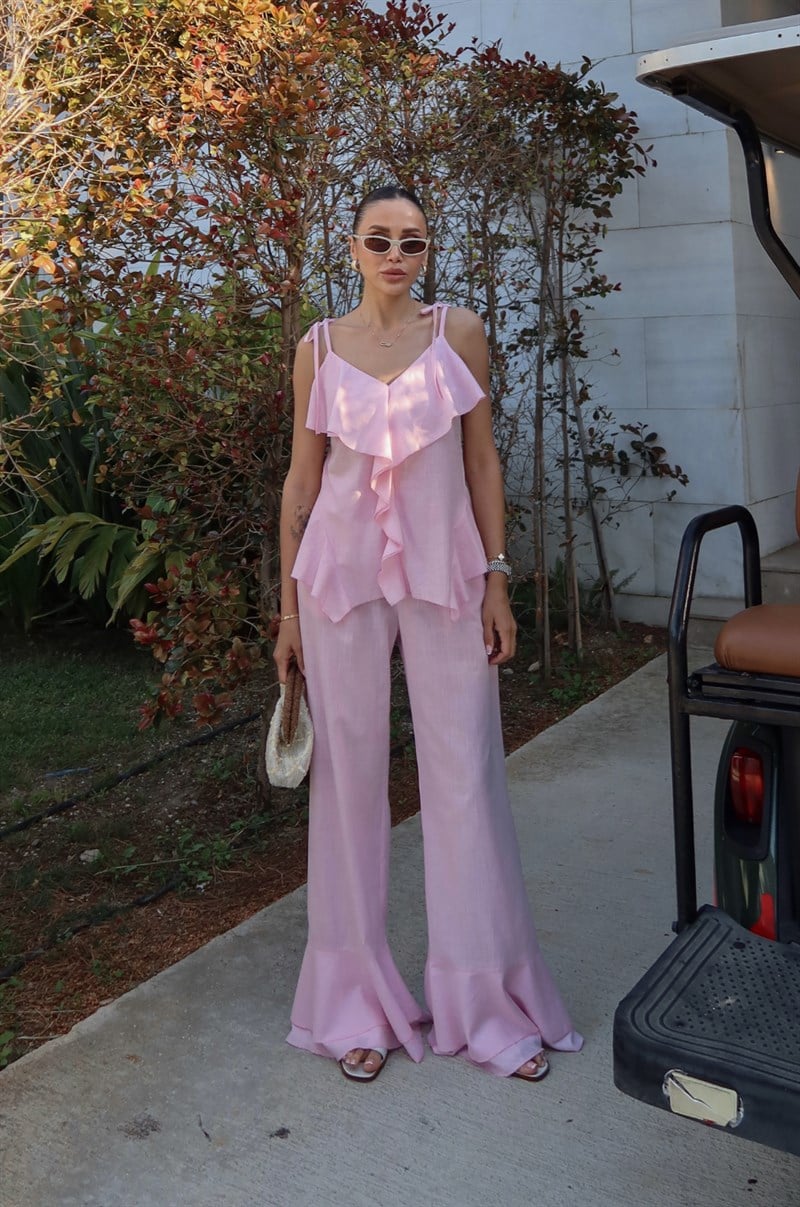 Pembe Giona Askılı Bluz Pantolon Takım