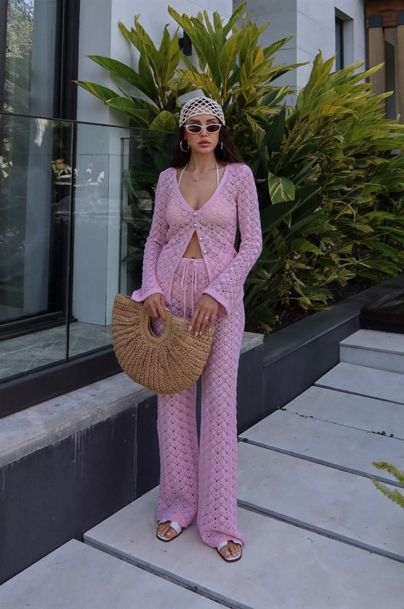 Pembe İnci Düğme Detaylı Bluz Pantolon Takım