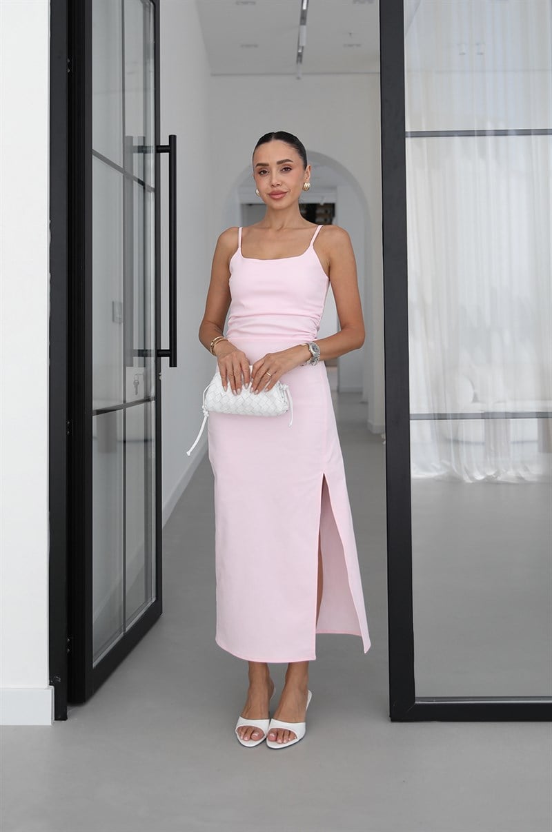 Pembe İp Askılı Yırtmaçlı Denim Elbise
