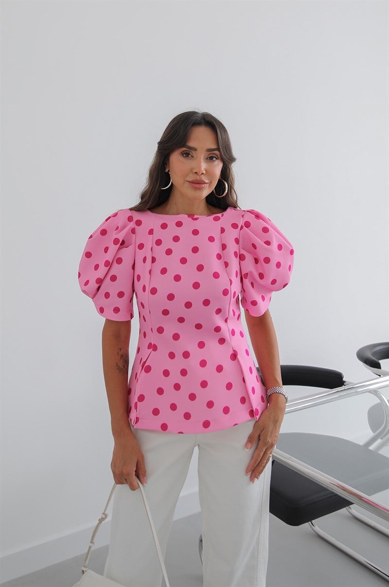 Pembe Karpuz Kol Puantiyeli Bluz