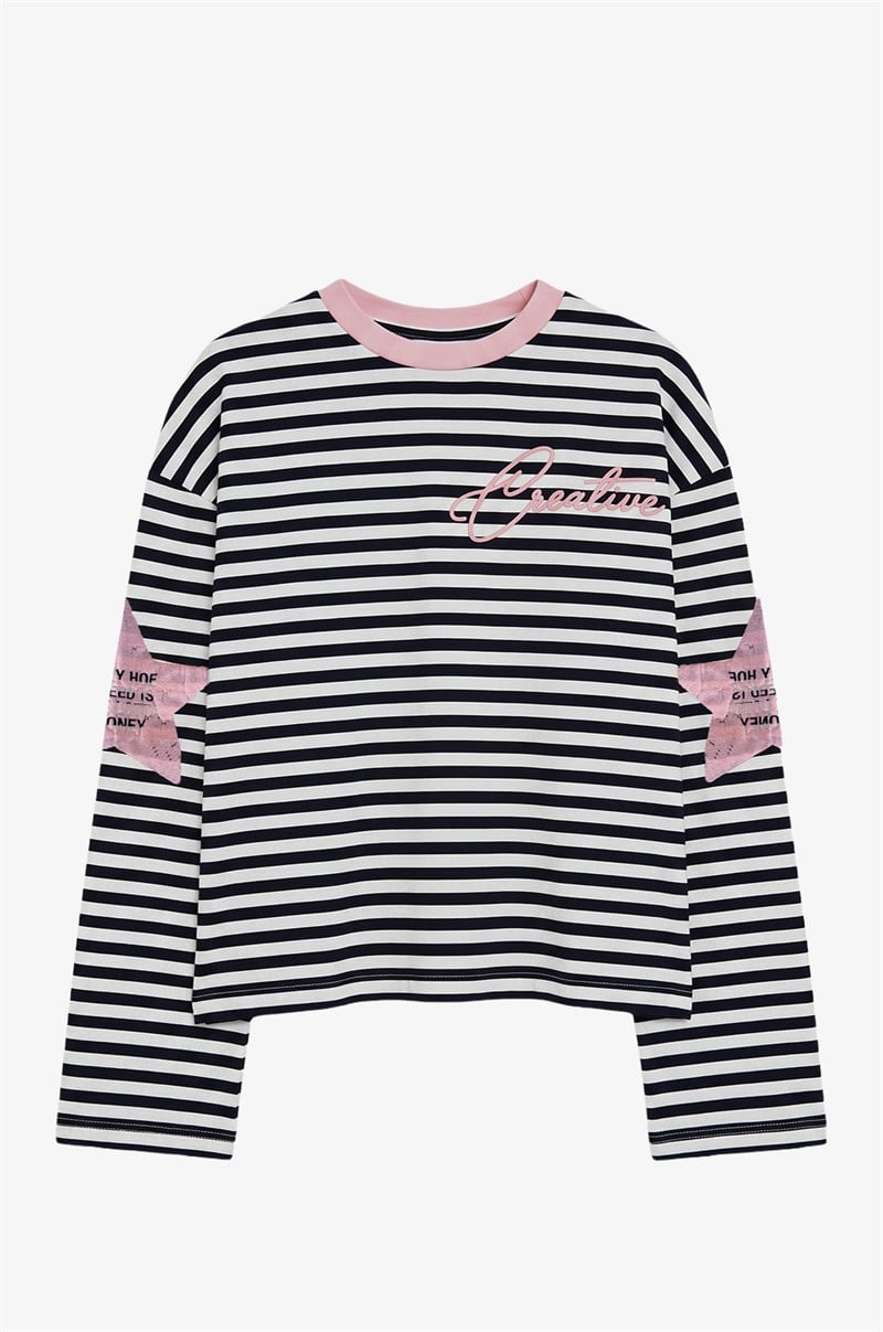 Pembe Kolları Yıldız Baskılı Çizgili İnce Sweatshirt 