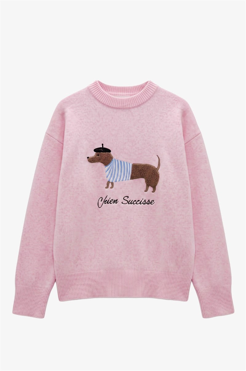 Pembe Köpek İşlemeli Yumoş Kazak