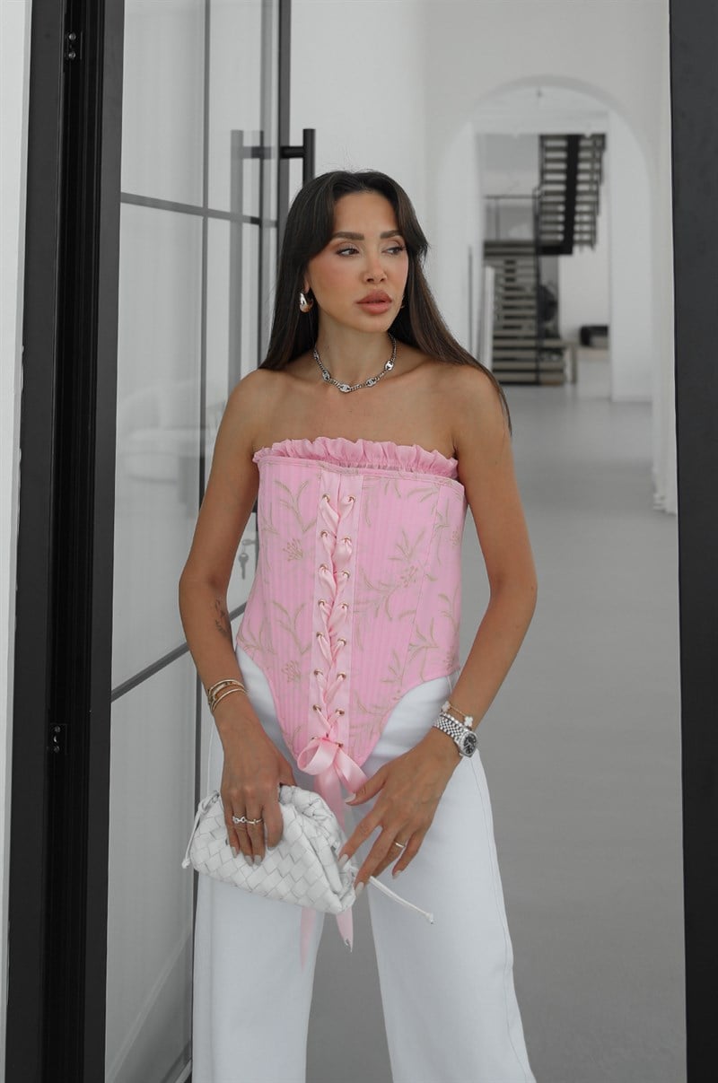 Pembe Kurdele Detaylı Desenli Korse Bluz