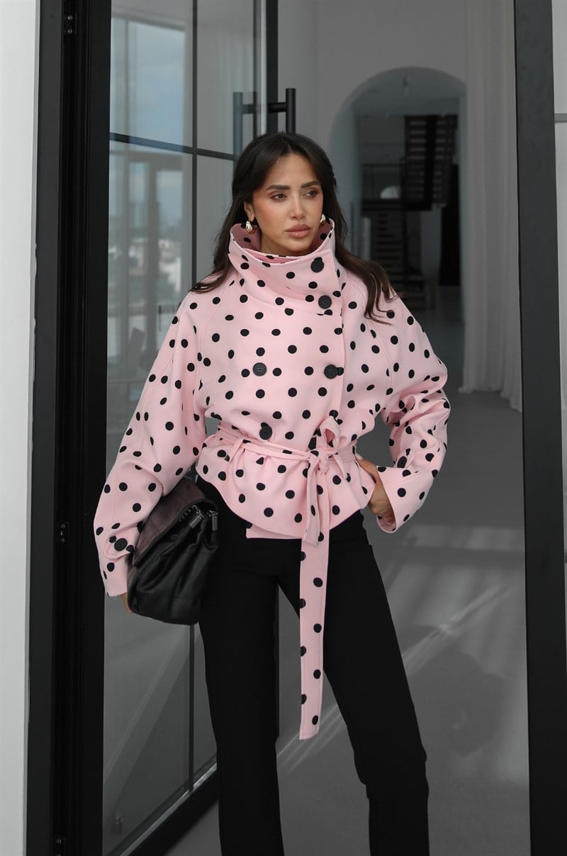 Pembe Messina Puantiyeli Dik Yaka Kuşaklı Trençkot