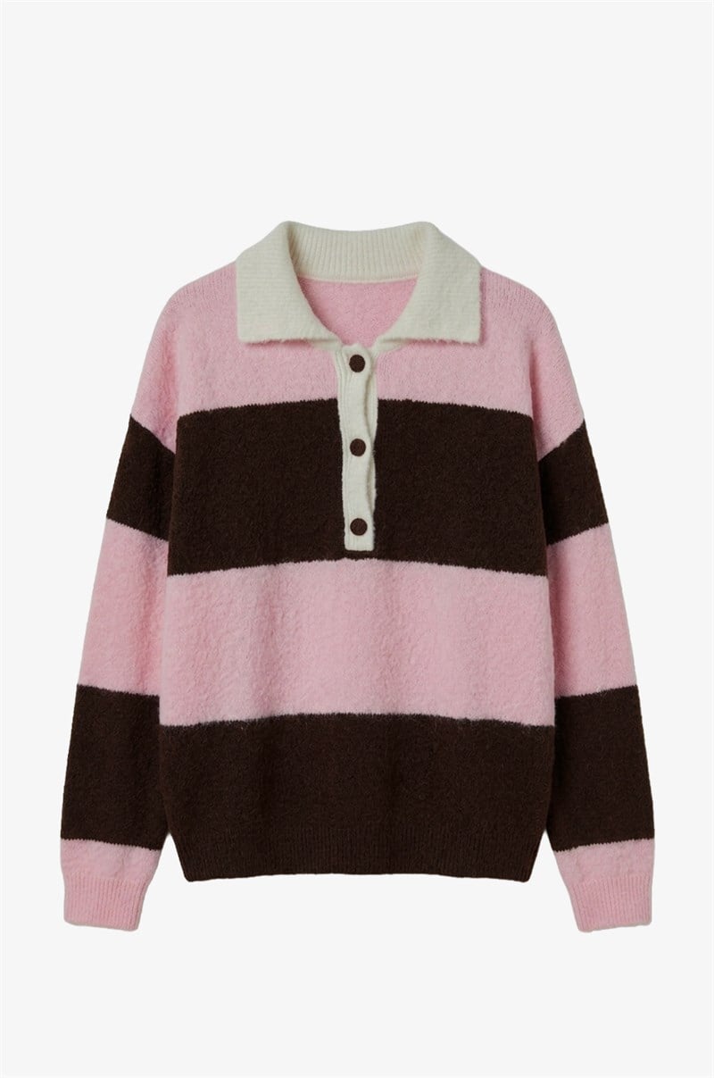 Pembe Nora Çizgili Polo Yaka Kazak