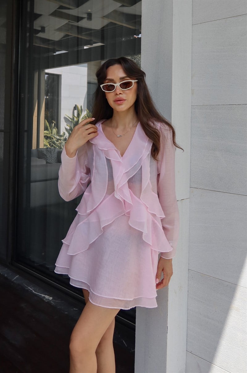 Pembe Önü Volanlı Transparan Bluz Etek Takım