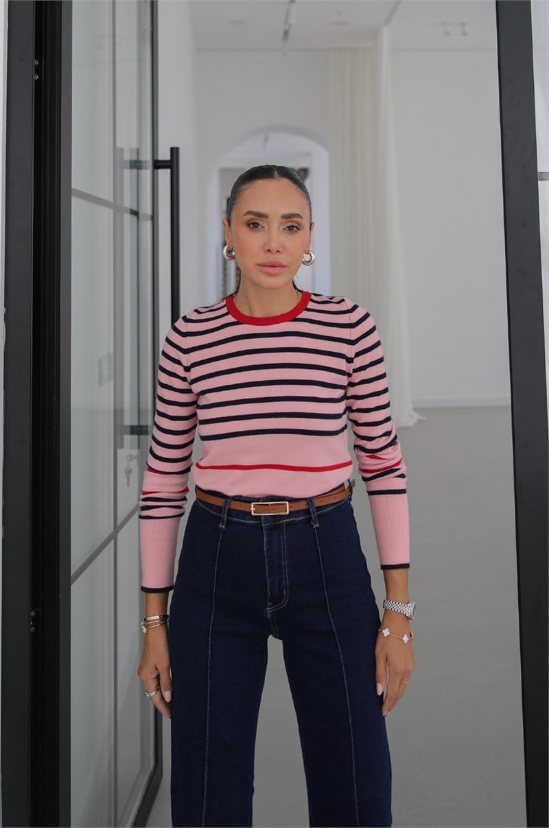 Pembe Renk Bloklu Çizgili Triko Kazak