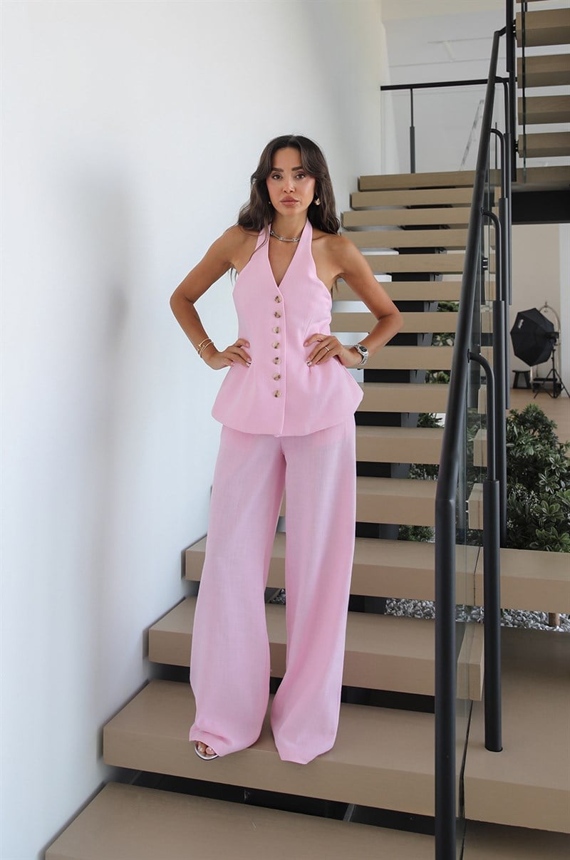 Pembe Riven Yelek Pantolon Keten Takım