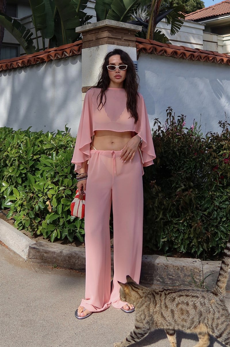 Pembe Şifon Pelerin Bluz Pantolon Takım