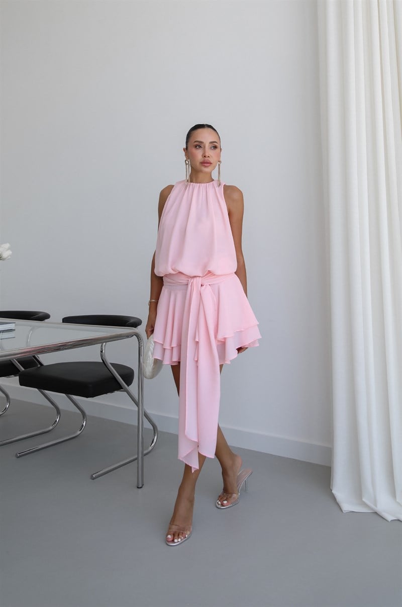 Pembe Tallin Volanlı Elbise