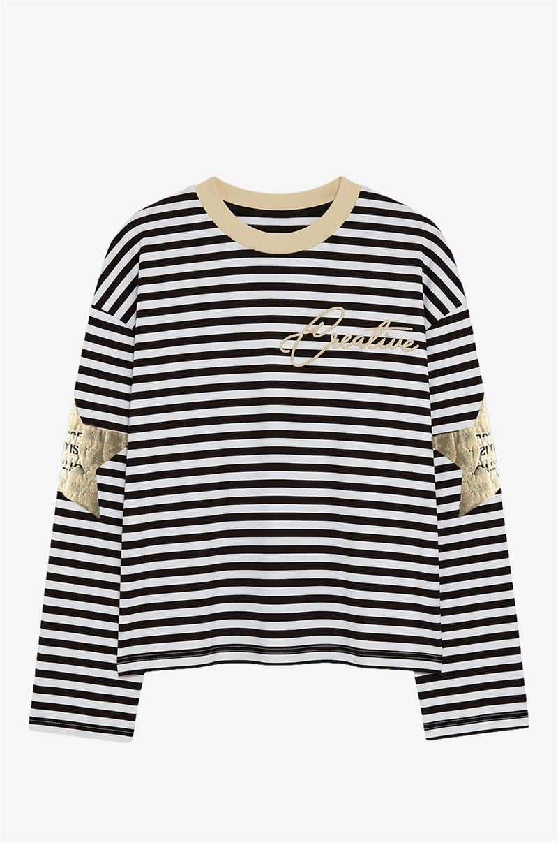 Sarı Kolları Yıldız Baskılı Çizgili İnce Sweatshirt 
