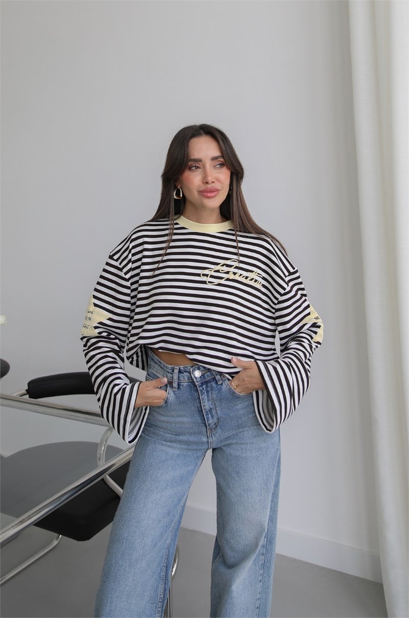 Sarı Kolları Yıldız Baskılı Çizgili İnce Sweatshirt 