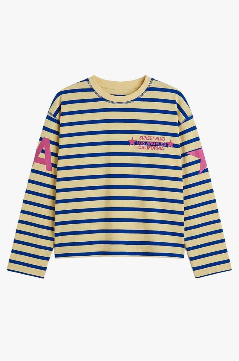 Sarı Los Angeles Yazı Baskılı Çizgili Sweatshirt