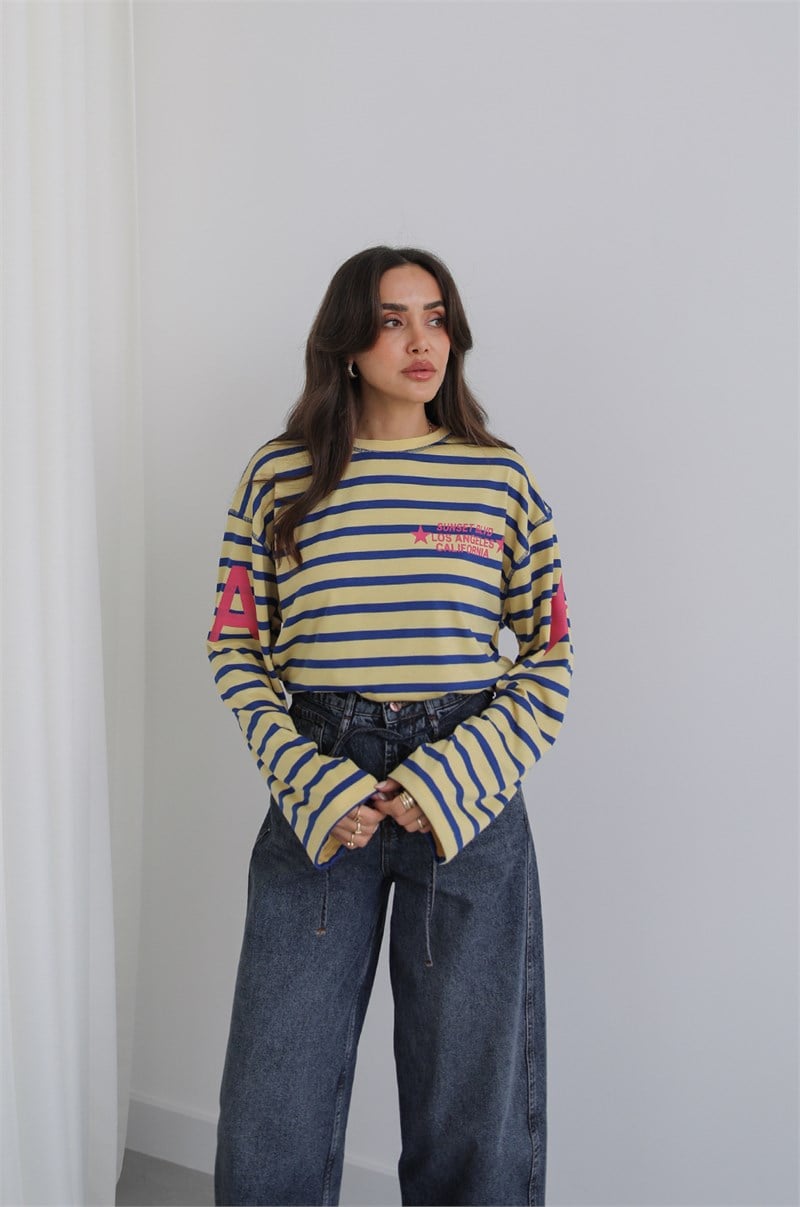 Sarı Los Angeles Yazı Baskılı Çizgili Sweatshirt