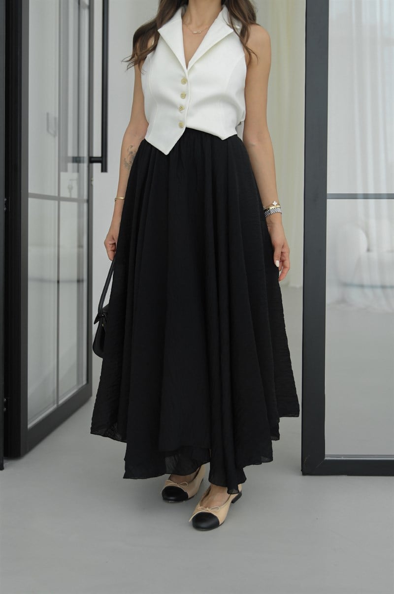 Siyah Beli Lastikli Kraşlı Etek