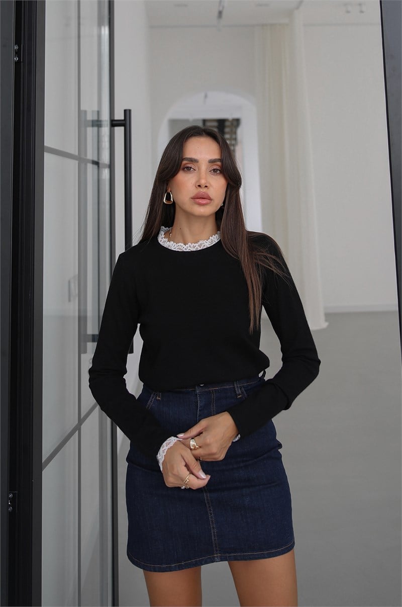 Siyah Dantelli Long Sleeve Triko Bluz