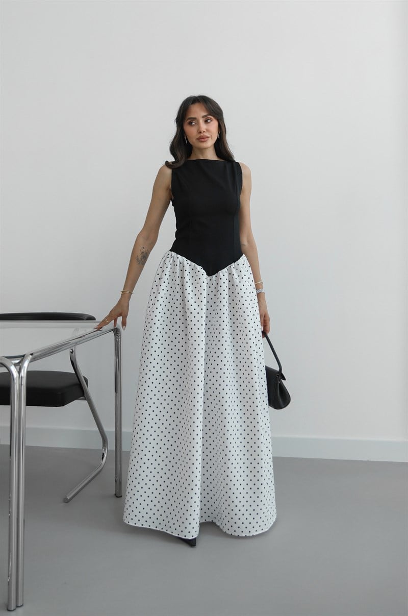 Siyah Eteği Puantiyeli Belden Oturtmalı Elbise