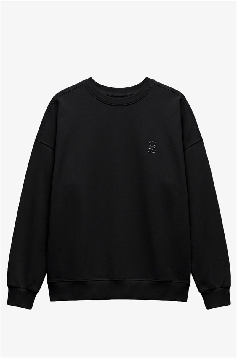 Siyah Göğsü Mini Taşlı Sweatshirt