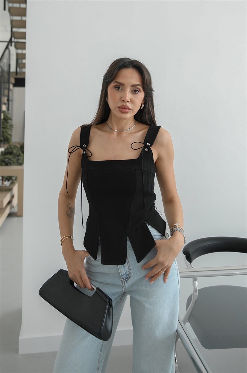 Siyah İp Detaylı Korse Bluz