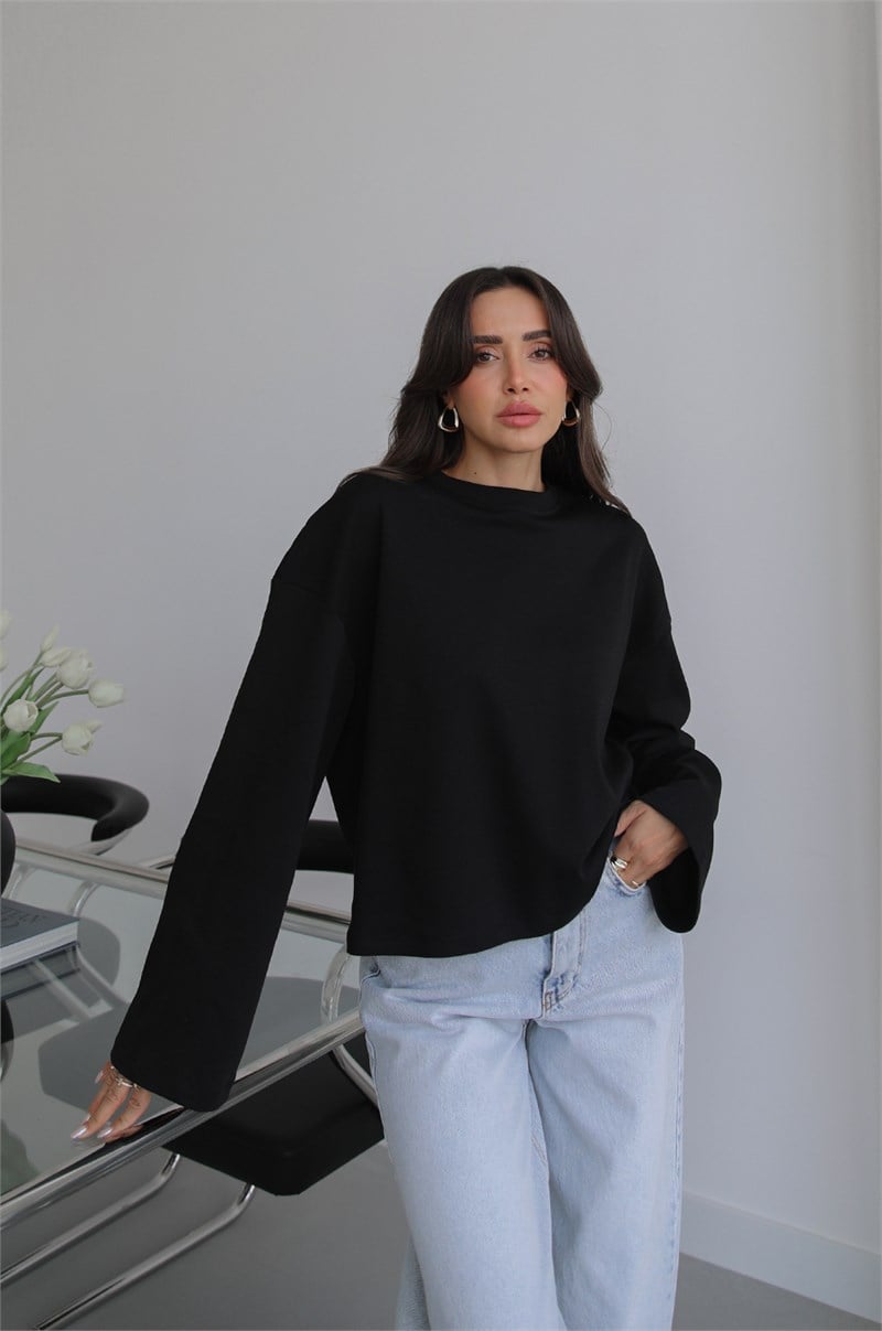 Siyah İspanyol Kol Basic Sweatshirt