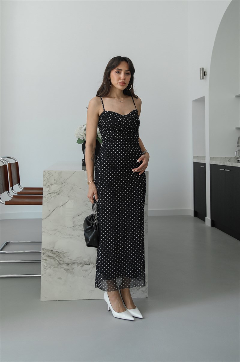 Siyah Noir Puantiyeli Askılı Tül Elbise