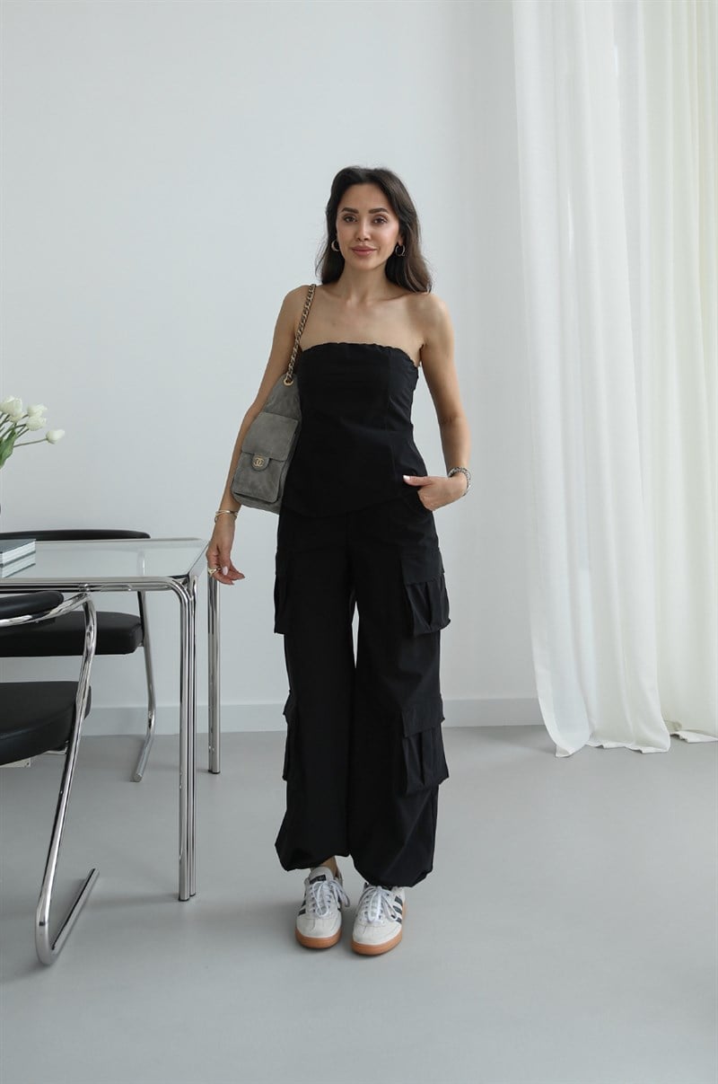 Siyah Paraşüt Straplez Bluz Pantolon Takım