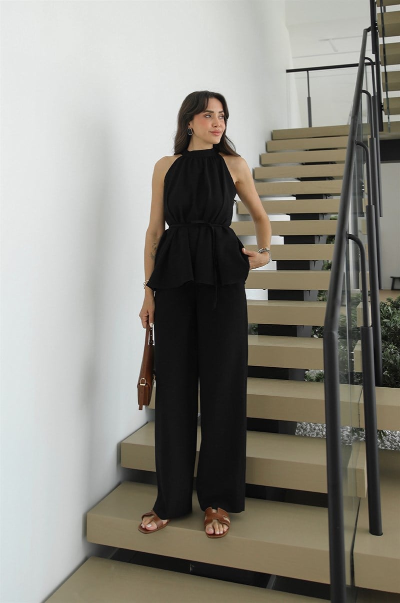 Siyah Veral Bluz Pantolon Keten Takım
