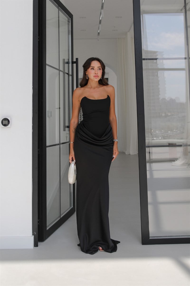 Siyah Vesper Drape Detaylı Straplez Elbise