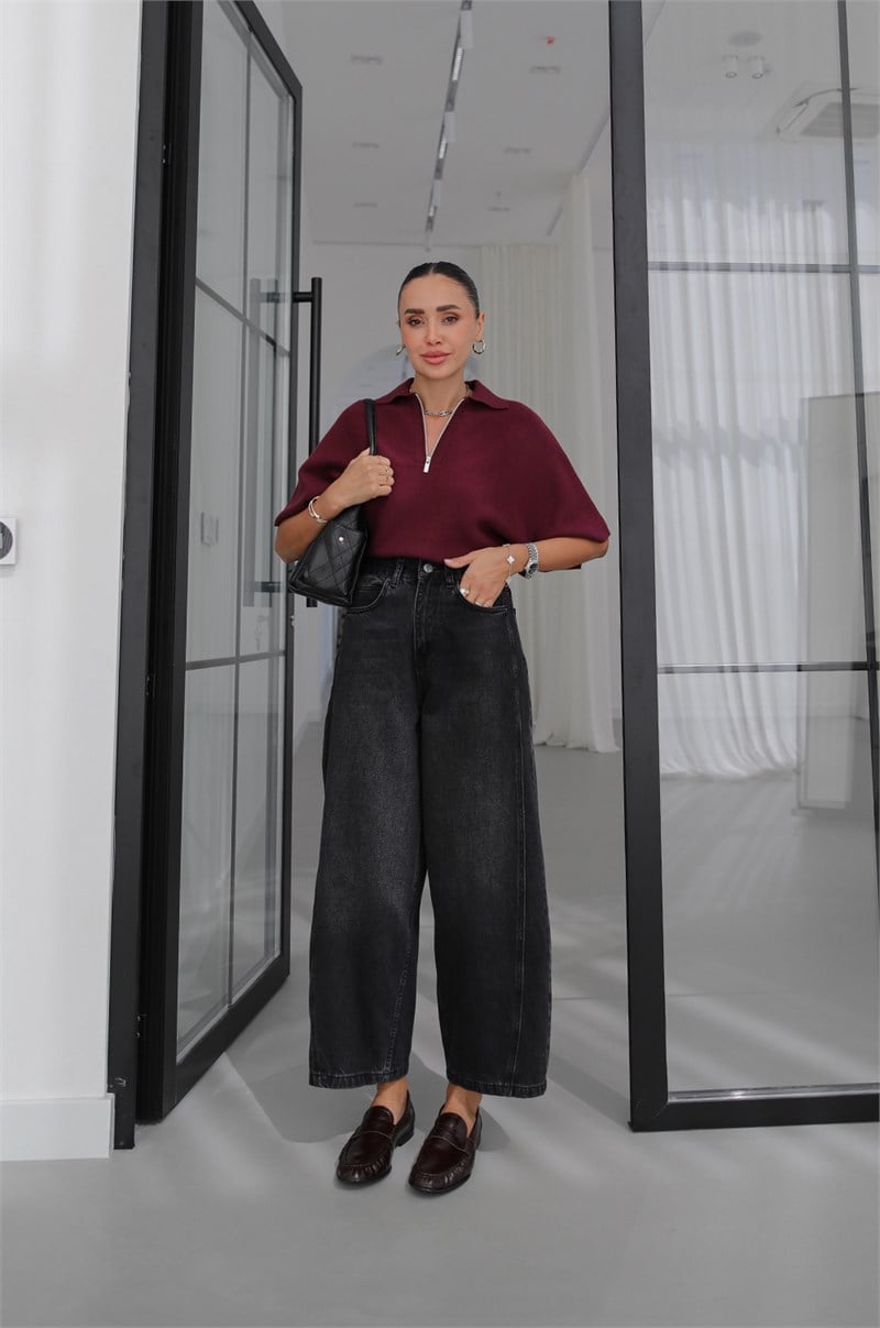 Siyah Yanı Çift Dikişli Mom Jean