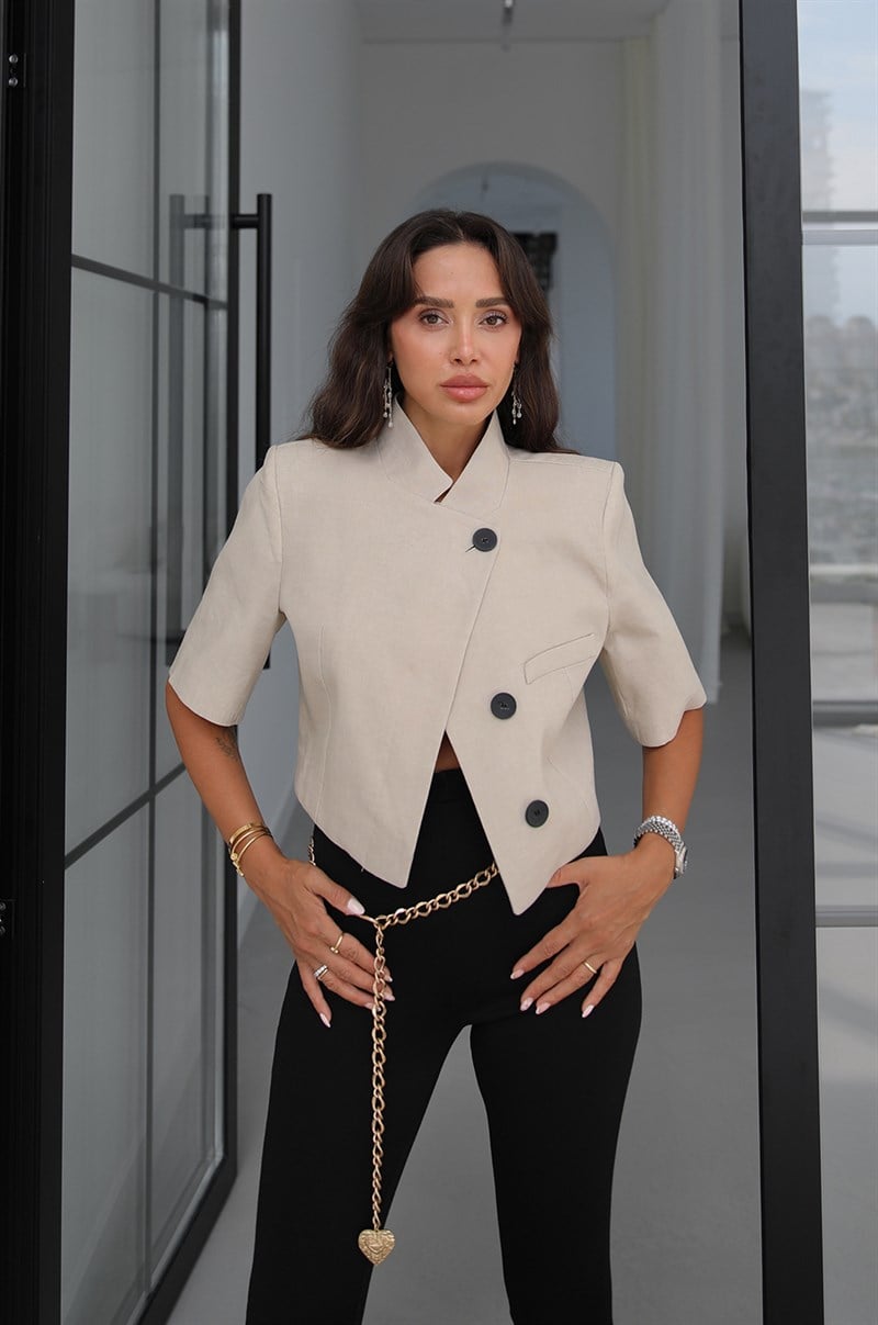 Taş Rengi Valen Keten Kısa Kollu Blazer Ceket