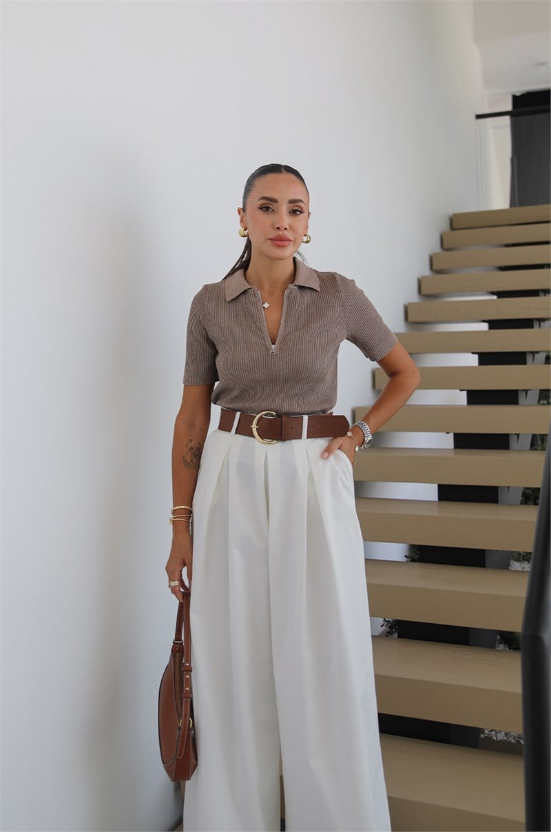 Vizon Fermuarlı Polo Yaka Triko Bluz