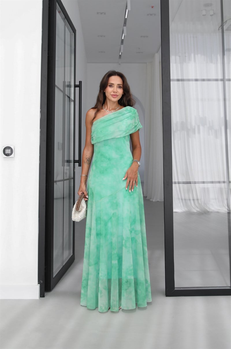 Yeşil Desenli One Shoulder Şifon Elbise