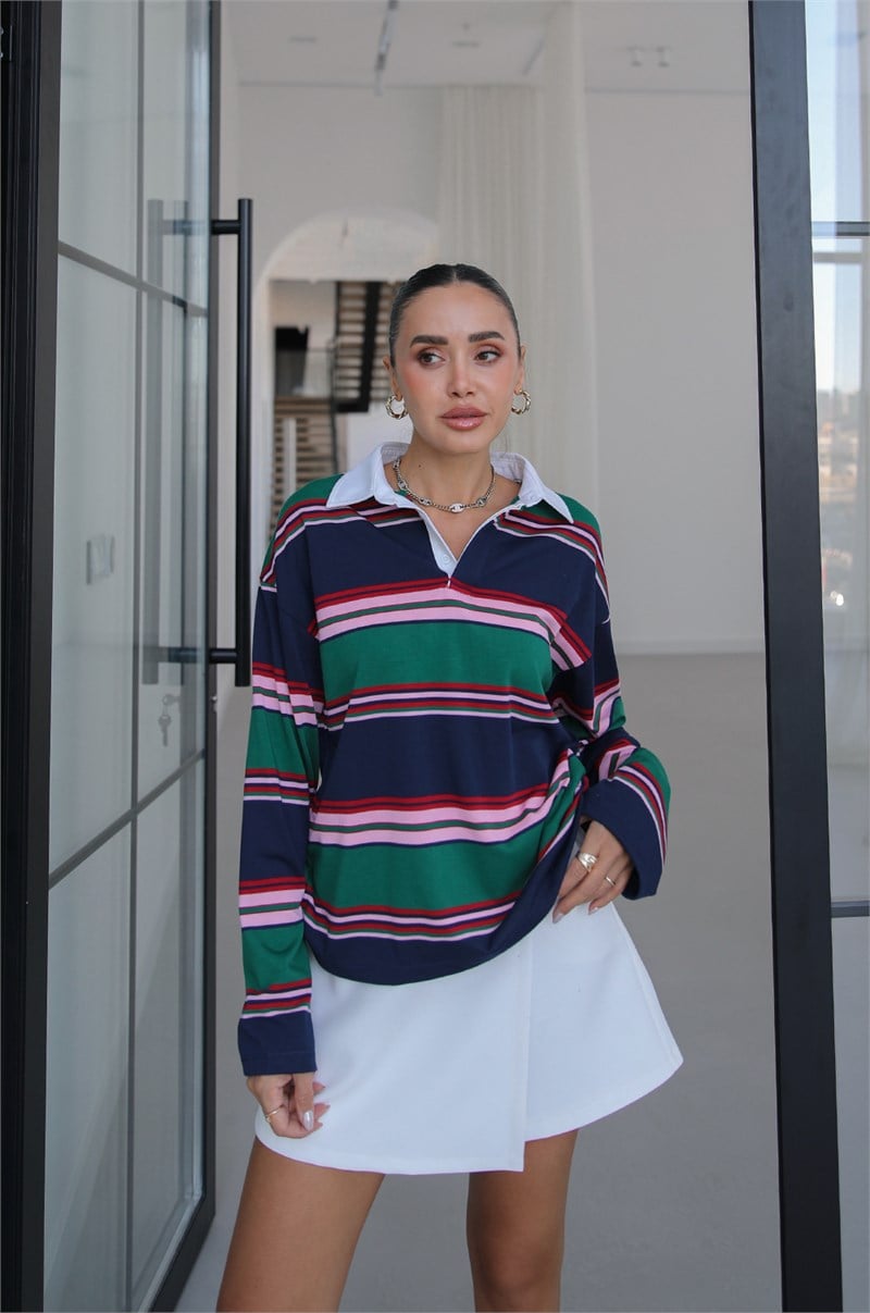 Yeşil Gömlek Yakalı Çizgili İnce Sweatshirt