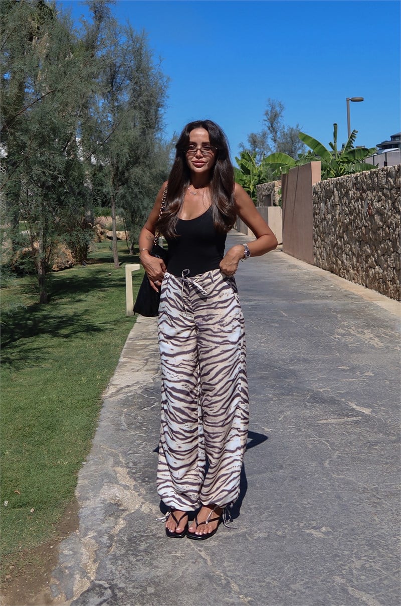 Zebra Desenli Beli Bağcıklı Pantolon