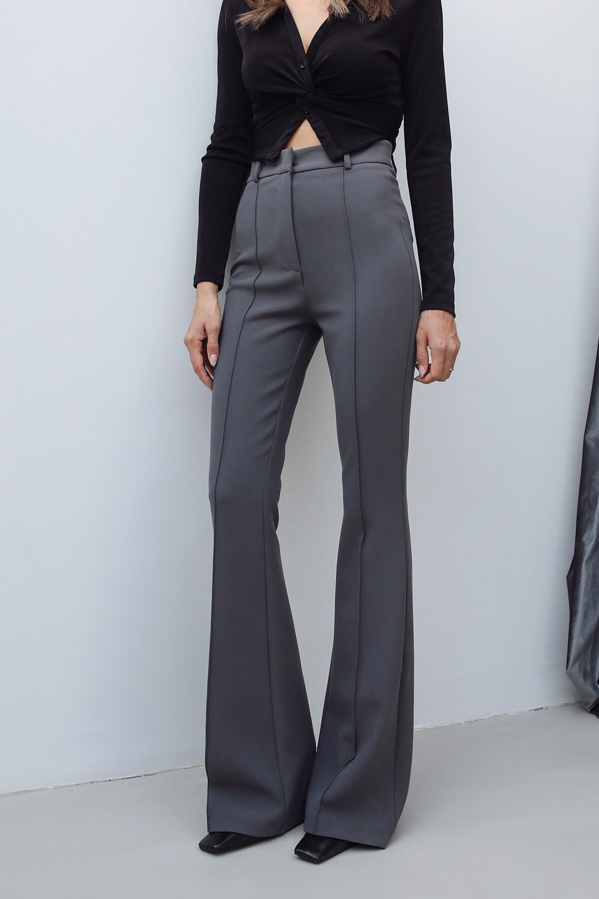 Grey Contrast Seam Ribbed Flare Pants
