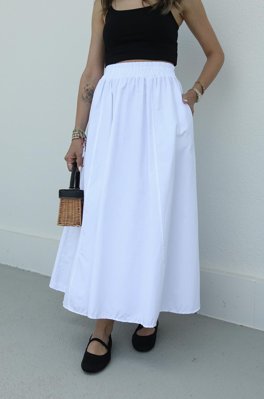 Beyaz Beli Lastikli Poplin Etek · 3