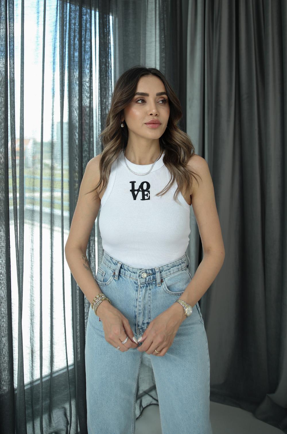 Beyaz Love Baskılı Atlet · 2